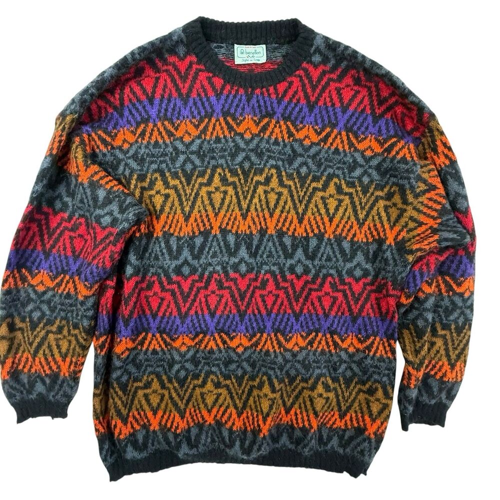 United Colors Benetton Vintage Sweater Large Thunderbird Mohair Fair Isle Italy